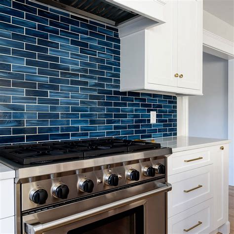 blue glass tile backsplash kitchen.